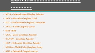CONT.D…………………………
………….
• MDA—Monochrome Display Adapter
• HGC—Hercules Graphics Card
• PGC—Professional Graphics Controller
• VGA—Video Graphics Array
• 8514--IBM
• CGA—Color Graphics Adapter
• TANDY—Graphics Adapter
• EGA—Enhanced Graphics Adapter
• MCGA—Multi Color Graphics Array
• XGA—Extended Graphics Array
 