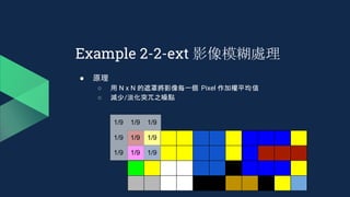 ● 原理
○ 用 N x N 的遮罩將影像每一個 Pixel 作加權平均值
○ 減少/淡化突兀之噪點
Example 2-2-ext 影像模糊處理
1/9 1/9 1/9
1/9 1/9 1/9
1/9 1/9 1/9
 