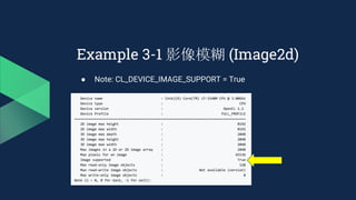 Example 3-1 影像模糊 (Image2d)
● Note: CL_DEVICE_IMAGE_SUPPORT = True
 