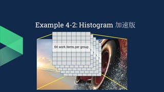 Example 4-2: Histogram 加速版
64 work items per group
64 work items per group
64 work items per group
64 work items per group
64 work items per group
 