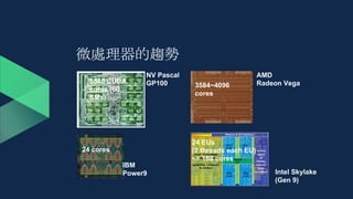微處理器的趨勢
24 cores
IBM
Power9
NV Pascal
GP1003840 CUDA
cores (60
SMs)
AMD
Radeon Vega3584~4096
cores
24 EUs
(7 threads each EU)
~= 168 cores
Intel Skylake
(Gen 9)
 