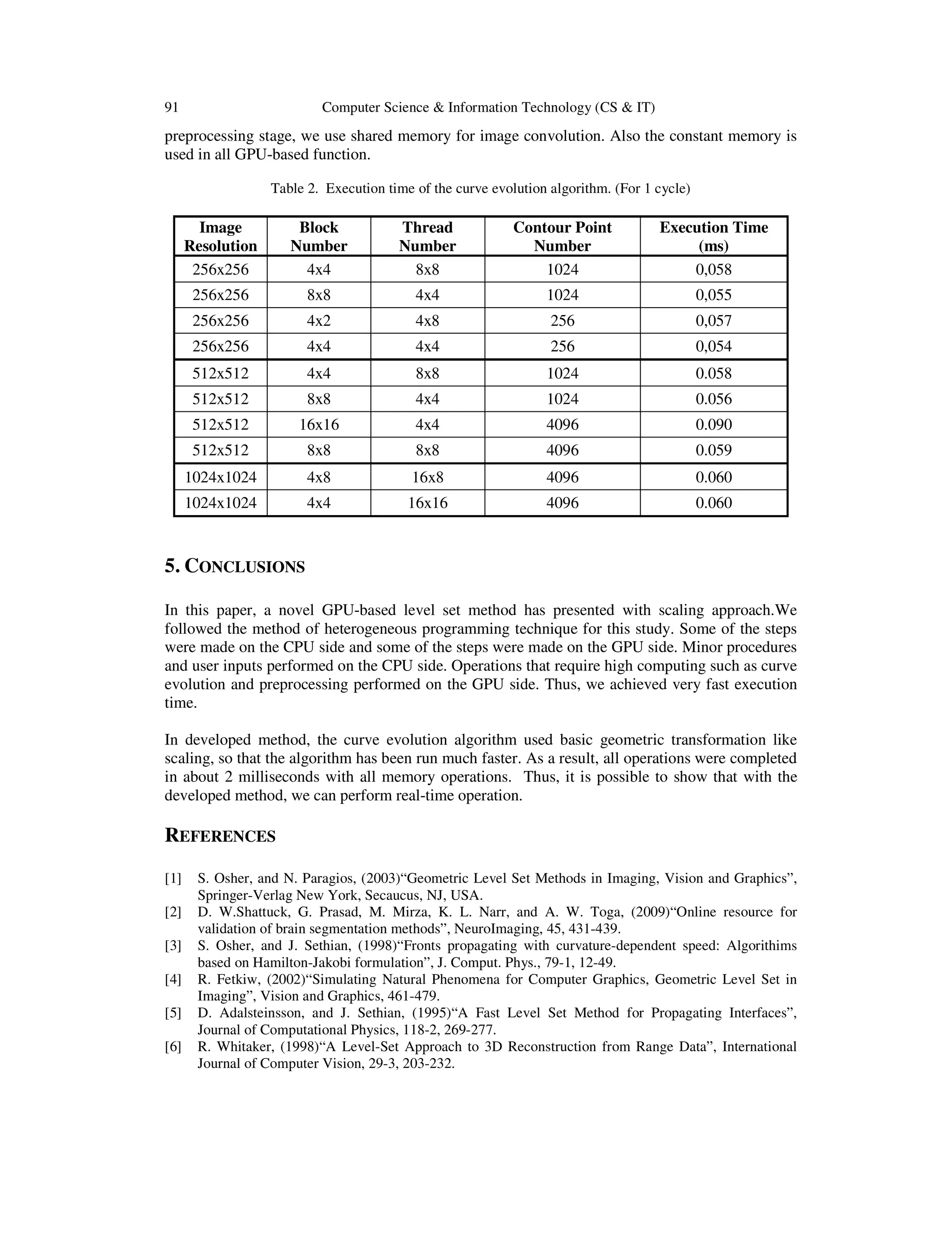 91 Computer Science & Information Technology (CS & IT) preprocessing stage, we use shared memory for image convolution. Also the constant memory is used in all GPU-based function. Table 2. Execution time of the curve evolution algorithm. (For 1 cycle) Image Resolution 256x256 Block Number 4x4 Thread Number 8x8 Contour Point Number 1024 Execution Time (ms) 0,058 256x256 8x8 4x4 1024 0,055 256x256 4x2 4x8 256 0,057 256x256 4x4 4x4 256 0,054 512x512 4x4 8x8 1024 0.058 512x512 8x8 4x4 1024 0.056 512x512 16x16 4x4 4096 0.090 512x512 8x8 8x8 4096 0.059 1024x1024 4x8 16x8 4096 0.060 1024x1024 4x4 16x16 4096 0.060 5. CONCLUSIONS In this paper, a novel GPU-based level set method has presented with scaling approach.We followed the method of heterogeneous programming technique for this study. Some of the steps were made on the CPU side and some of the steps were made on the GPU side. Minor procedures and user inputs performed on the CPU side. Operations that require high computing such as curve evolution and preprocessing performed on the GPU side. Thus, we achieved very fast execution time. In developed method, the curve evolution algorithm used basic geometric transformation like scaling, so that the algorithm has been run much faster. As a result, all operations were completed in about 2 milliseconds with all memory operations. Thus, it is possible to show that with the developed method, we can perform real-time operation. REFERENCES [1] [2] [3] [4] [5] [6] S. Osher, and N. Paragios, (2003)“Geometric Level Set Methods in Imaging, Vision and Graphics”, Springer-Verlag New York, Secaucus, NJ, USA. D. W.Shattuck, G. Prasad, M. Mirza, K. L. Narr, and A. W. Toga, (2009)“Online resource for validation of brain segmentation methods”, NeuroImaging, 45, 431-439. S. Osher, and J. Sethian, (1998)“Fronts propagating with curvature-dependent speed: Algorithims based on Hamilton-Jakobi formulation”, J. Comput. Phys., 79-1, 12-49. R. Fetkiw, (2002)“Simulating Natural Phenomena for Computer Graphics, Geometric Level Set in Imaging”, Vision and Graphics, 461-479. D. Adalsteinsson, and J. Sethian, (1995)“A Fast Level Set Method for Propagating Interfaces”, Journal of Computational Physics, 118-2, 269-277. R. Whitaker, (1998)“A Level-Set Approach to 3D Reconstruction from Range Data”, International Journal of Computer Vision, 29-3, 203-232. 