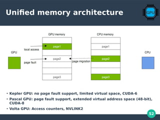 52
Unified memory architecture
●
Kepler GPU: no page fault support, limited virtual space, CUDA-6
●
Pascal GPU: page fault support, extended virtual address space (48-bit),
CUDA-8
●
Volta GPU: Access counters, NVLINK2
 