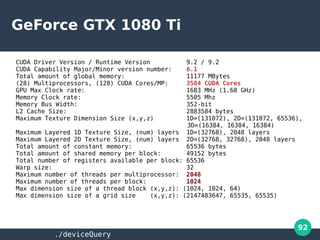 92
GeForce GTX 1080 Ti
CUDA Driver Version / Runtime Version 9.2 / 9.2
CUDA Capability Major/Minor version number: 6.1
Total amount of global memory: 11177 MBytes
(28) Multiprocessors, (128) CUDA Cores/MP: 3584 CUDA Cores
GPU Max Clock rate: 1683 MHz (1.68 GHz)
Memory Clock rate: 5505 Mhz
Memory Bus Width: 352-bit
L2 Cache Size: 2883584 bytes
Maximum Texture Dimension Size (x,y,z) 1D=(131072), 2D=(131072, 65536),
3D=(16384, 16384, 16384)
Maximum Layered 1D Texture Size, (num) layers 1D=(32768), 2048 layers
Maximum Layered 2D Texture Size, (num) layers 2D=(32768, 32768), 2048 layers
Total amount of constant memory: 65536 bytes
Total amount of shared memory per block: 49152 bytes
Total number of registers available per block: 65536
Warp size: 32
Maximum number of threads per multiprocessor: 2048
Maximum number of threads per block: 1024
Max dimension size of a thread block (x,y,z): (1024, 1024, 64)
Max dimension size of a grid size (x,y,z): (2147483647, 65535, 65535)
./deviceQuery
 