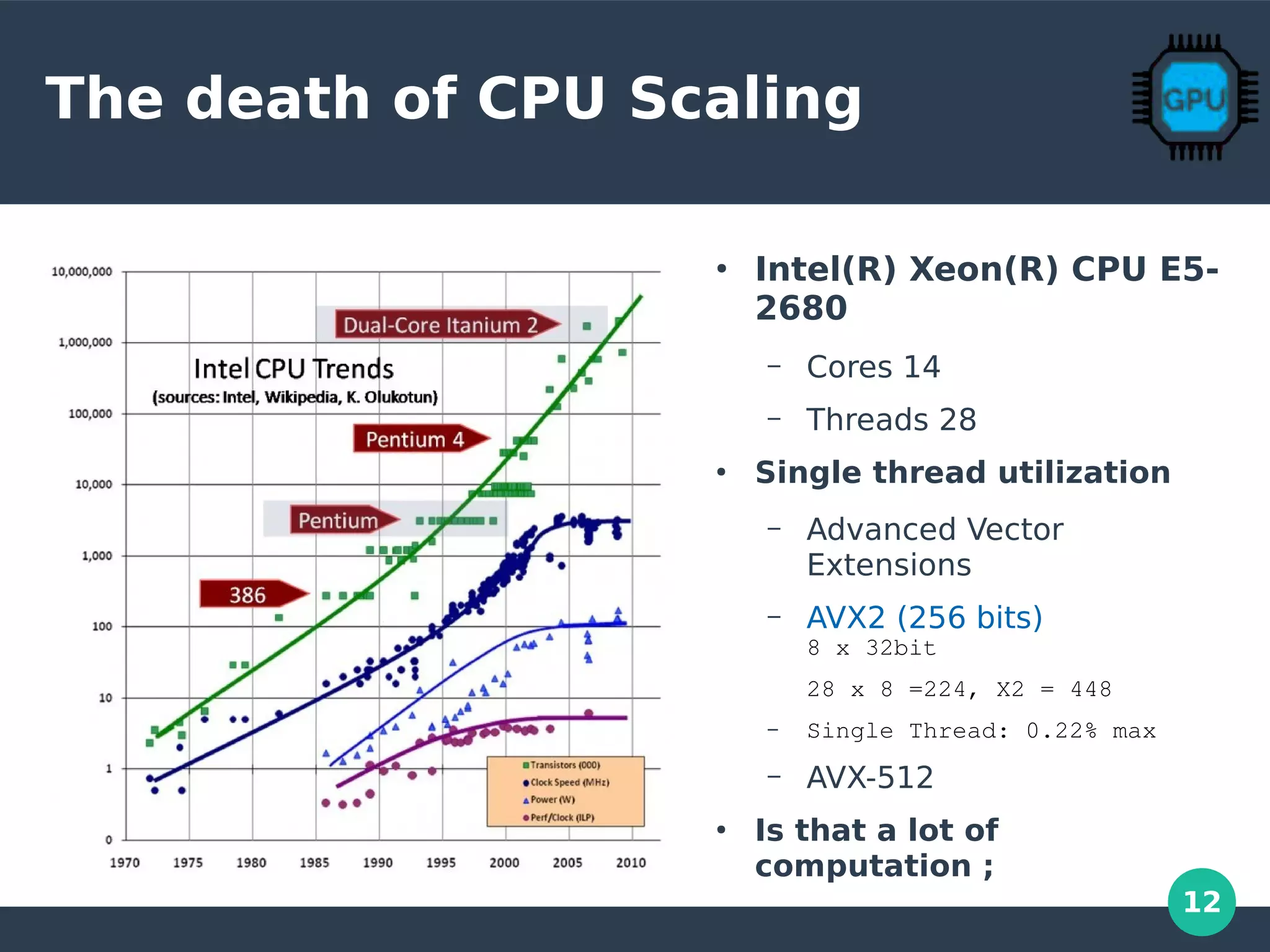 12
The death of CPU Scaling
●
Intel(R) Xeon(R) CPU E5-
2680
– Cores 14
– Threads 28
●
Single thread utilization
– Advanced Vector
Extensions
– AVX2 (256 bits)
8 x 32bit
28 x 8 =224, X2 = 448
– Single Thread: 0.22% max
– AVX-512
●
Is that a lot of
computation ;
 