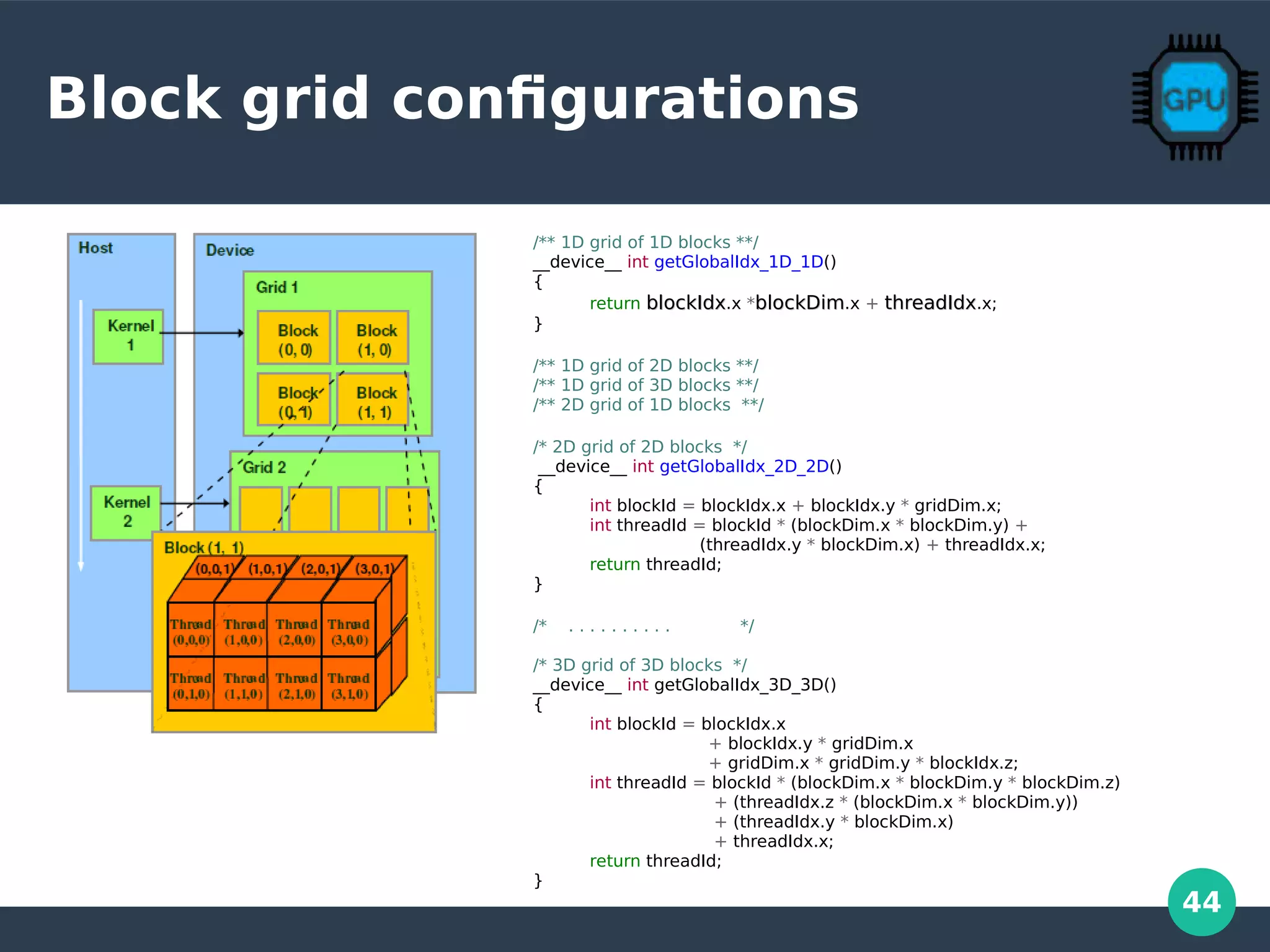 44
Block grid configurations
/** 1D grid of 1D blocks **/
__device__ int getGlobalIdx_1D_1D()
{
return blockIdxblockIdx.x *blockDimblockDim.x + threadIdxthreadIdx.x;
}
/** 1D grid of 2D blocks **/
/** 1D grid of 3D blocks **/
/** 2D grid of 1D blocks **/
/* 2D grid of 2D blocks */
__device__ int getGlobalIdx_2D_2D()
{
int blockId = blockIdx.x + blockIdx.y * gridDim.x;
int threadId = blockId * (blockDim.x * blockDim.y) +
(threadIdx.y * blockDim.x) + threadIdx.x;
return threadId;
}
/* . . . . . . . . . . */
/* 3D grid of 3D blocks */
__device__ int getGlobalIdx_3D_3D()
{
int blockId = blockIdx.x
+ blockIdx.y * gridDim.x
+ gridDim.x * gridDim.y * blockIdx.z;
int threadId = blockId * (blockDim.x * blockDim.y * blockDim.z)
+ (threadIdx.z * (blockDim.x * blockDim.y))
+ (threadIdx.y * blockDim.x)
+ threadIdx.x;
return threadId;
}
 