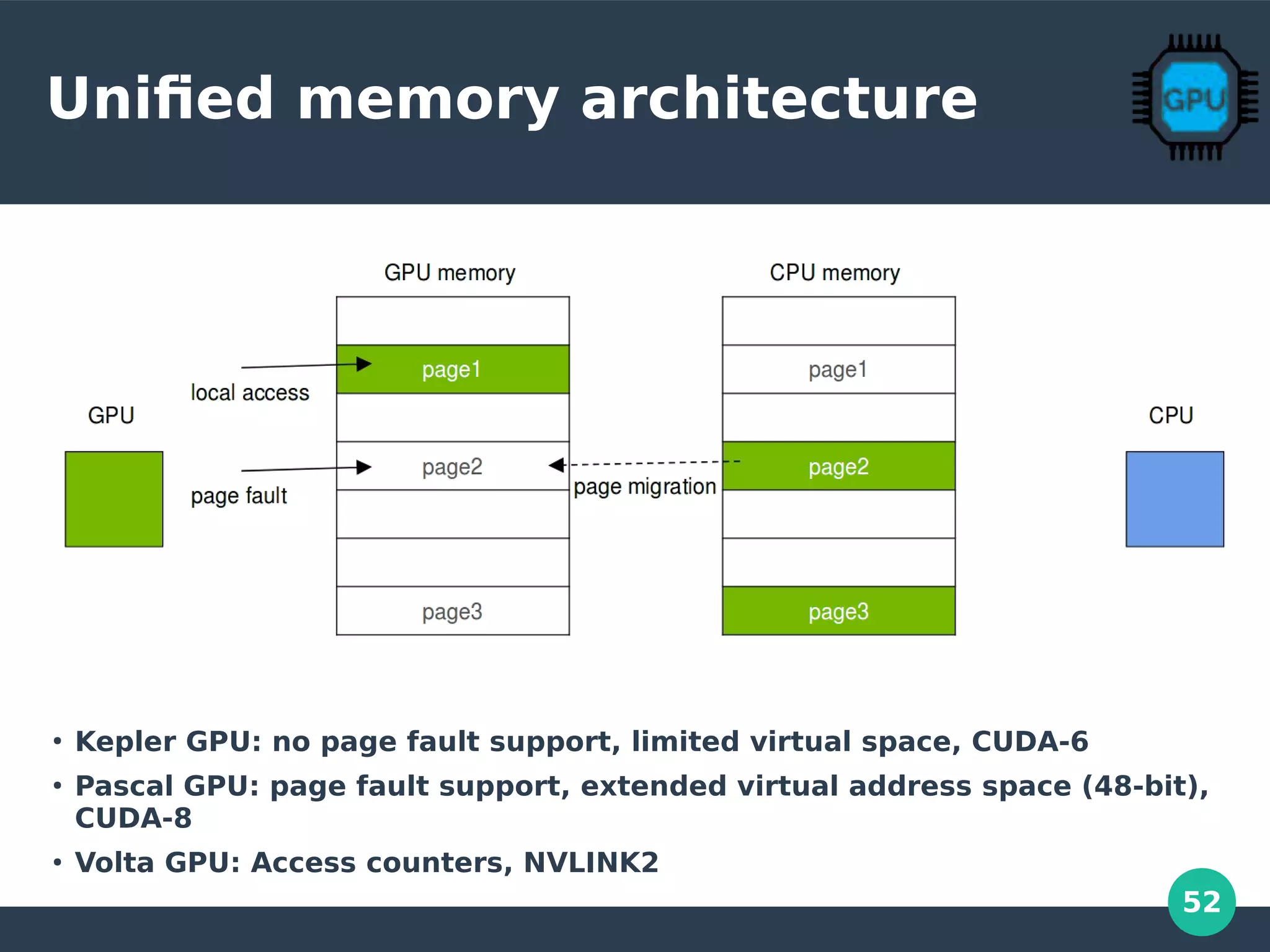 52
Unified memory architecture
●
Kepler GPU: no page fault support, limited virtual space, CUDA-6
●
Pascal GPU: page fault support, extended virtual address space (48-bit),
CUDA-8
●
Volta GPU: Access counters, NVLINK2
 