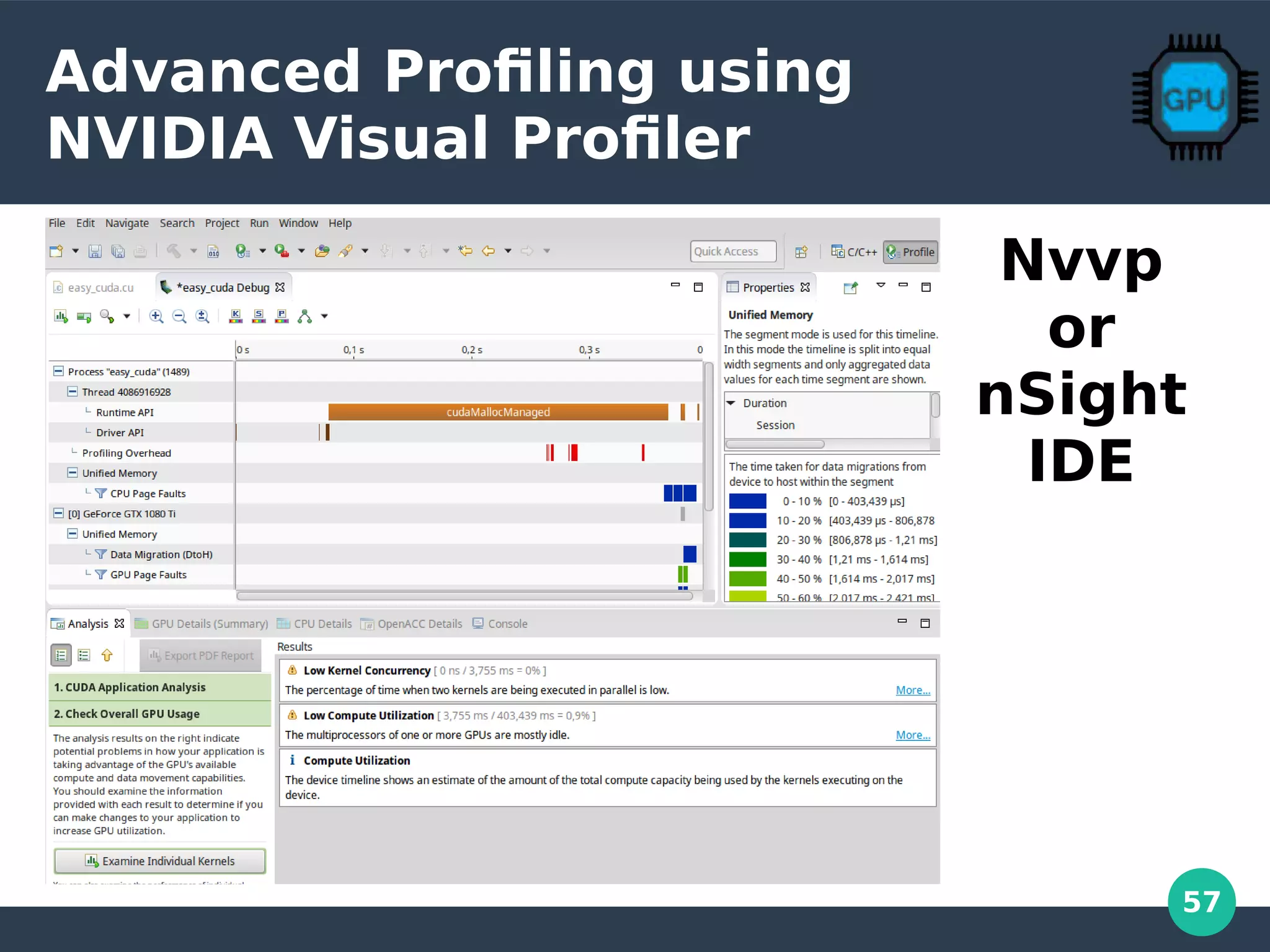 57
Advanced Profiling using
NVIDIA Visual Profiler
Nvvp
or
nSight
IDE
 