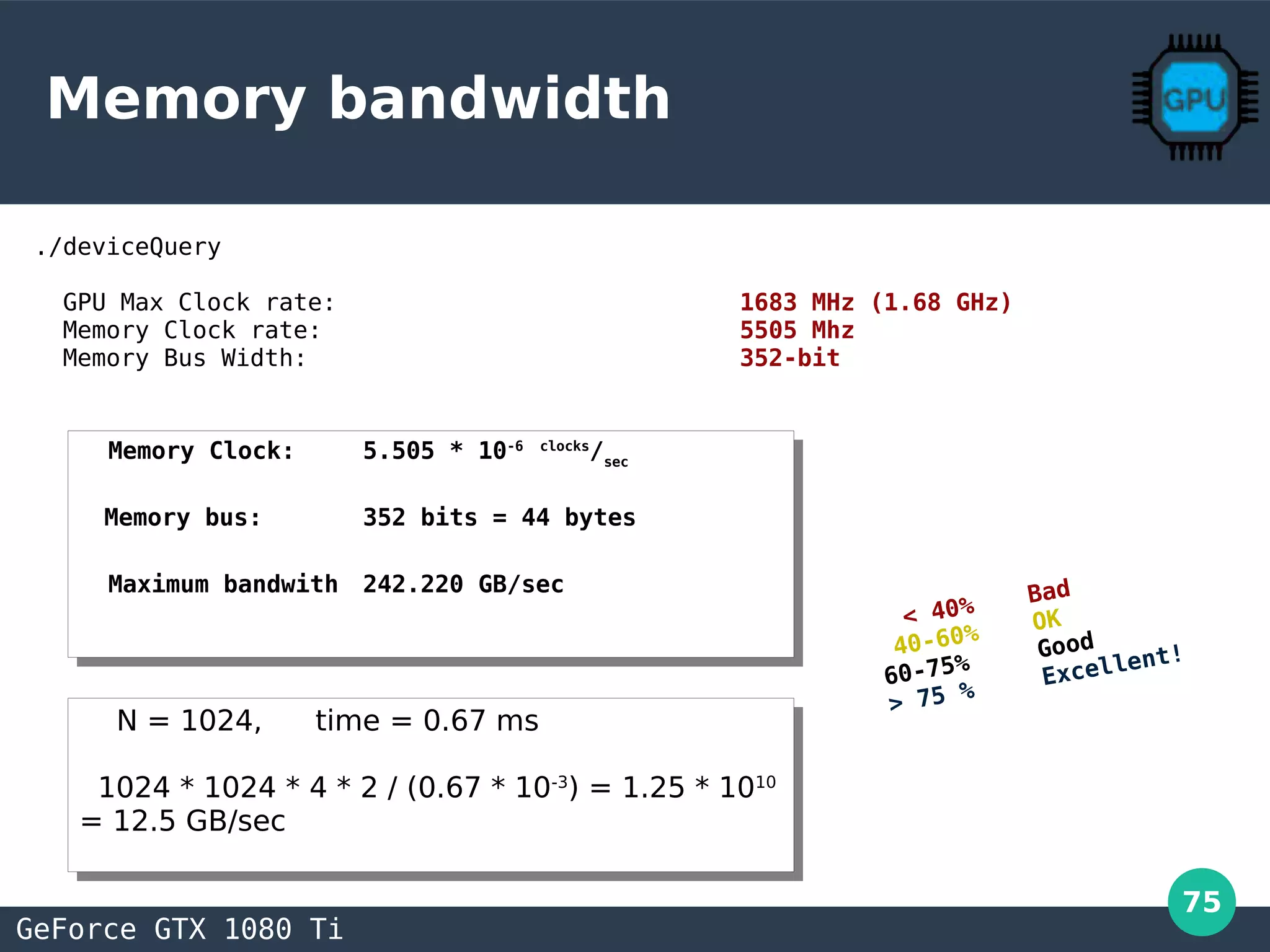 75
Memory bandwidth
./deviceQuery
GPU Max Clock rate: 1683 MHz (1.68 GHz)
Memory Clock rate: 5505 Mhz
Memory Bus Width: 352-bit
GeForce GTX 1080 Ti
Memory Clock: 5.505 * 10-6 clocks
/sec
Memory bus: 352 bits = 44 bytes
Maximum bandwith 242.220 GB/sec
Memory Clock: 5.505 * 10-6 clocks
/sec
Memory bus: 352 bits = 44 bytes
Maximum bandwith 242.220 GB/sec
< 40%
Bad
40-60%
OK
60-75%
Good
> 75 %
Excellent!
N = 1024, time = 0.67 ms
1024 * 1024 * 4 * 2 / (0.67 * 10-3
) = 1.25 * 1010
= 12.5 GB/sec
N = 1024, time = 0.67 ms
1024 * 1024 * 4 * 2 / (0.67 * 10-3
) = 1.25 * 1010
= 12.5 GB/sec
 