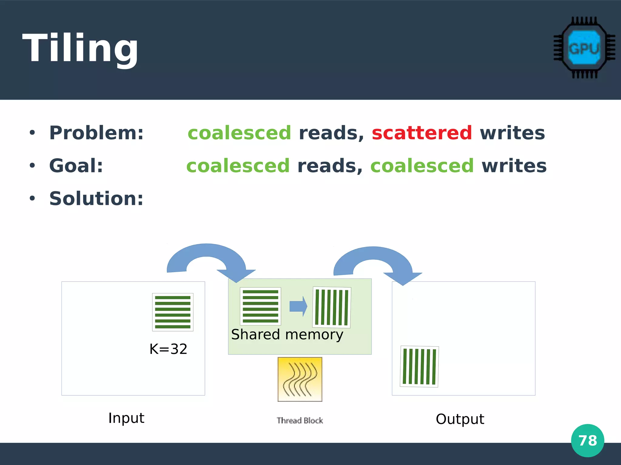 78
Tiling
●
Problem: coalesced reads, scattered writes
●
Goal: coalesced reads, coalesced writes
●
Solution:
Input Output
Shared memory
K=32
 