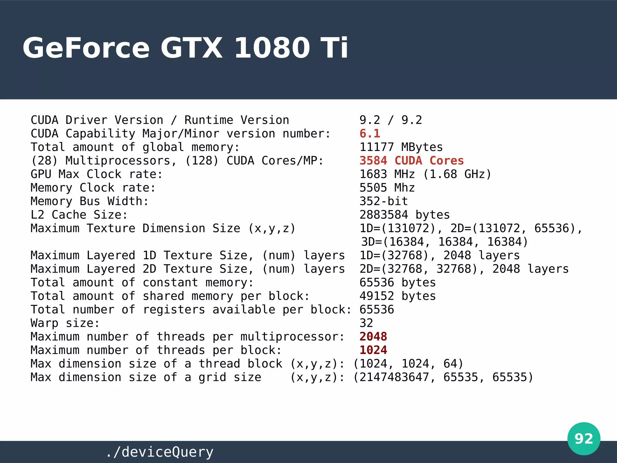 92
GeForce GTX 1080 Ti
CUDA Driver Version / Runtime Version 9.2 / 9.2
CUDA Capability Major/Minor version number: 6.1
Total amount of global memory: 11177 MBytes
(28) Multiprocessors, (128) CUDA Cores/MP: 3584 CUDA Cores
GPU Max Clock rate: 1683 MHz (1.68 GHz)
Memory Clock rate: 5505 Mhz
Memory Bus Width: 352-bit
L2 Cache Size: 2883584 bytes
Maximum Texture Dimension Size (x,y,z) 1D=(131072), 2D=(131072, 65536),
3D=(16384, 16384, 16384)
Maximum Layered 1D Texture Size, (num) layers 1D=(32768), 2048 layers
Maximum Layered 2D Texture Size, (num) layers 2D=(32768, 32768), 2048 layers
Total amount of constant memory: 65536 bytes
Total amount of shared memory per block: 49152 bytes
Total number of registers available per block: 65536
Warp size: 32
Maximum number of threads per multiprocessor: 2048
Maximum number of threads per block: 1024
Max dimension size of a thread block (x,y,z): (1024, 1024, 64)
Max dimension size of a grid size (x,y,z): (2147483647, 65535, 65535)
./deviceQuery
 