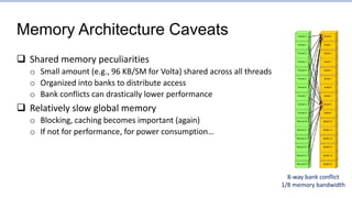 Memory Architecture Caveats
 Shared memory peculiarities
o Small amount (e.g., 96 KB/SM for Volta) shared across all threads
o Organized into banks to distribute access
o Bank conflicts can drastically lower performance
 Relatively slow global memory
o Blocking, caching becomes important (again)
o If not for performance, for power consumption…
8-way bank conflict
1/8 memory bandwidth
 