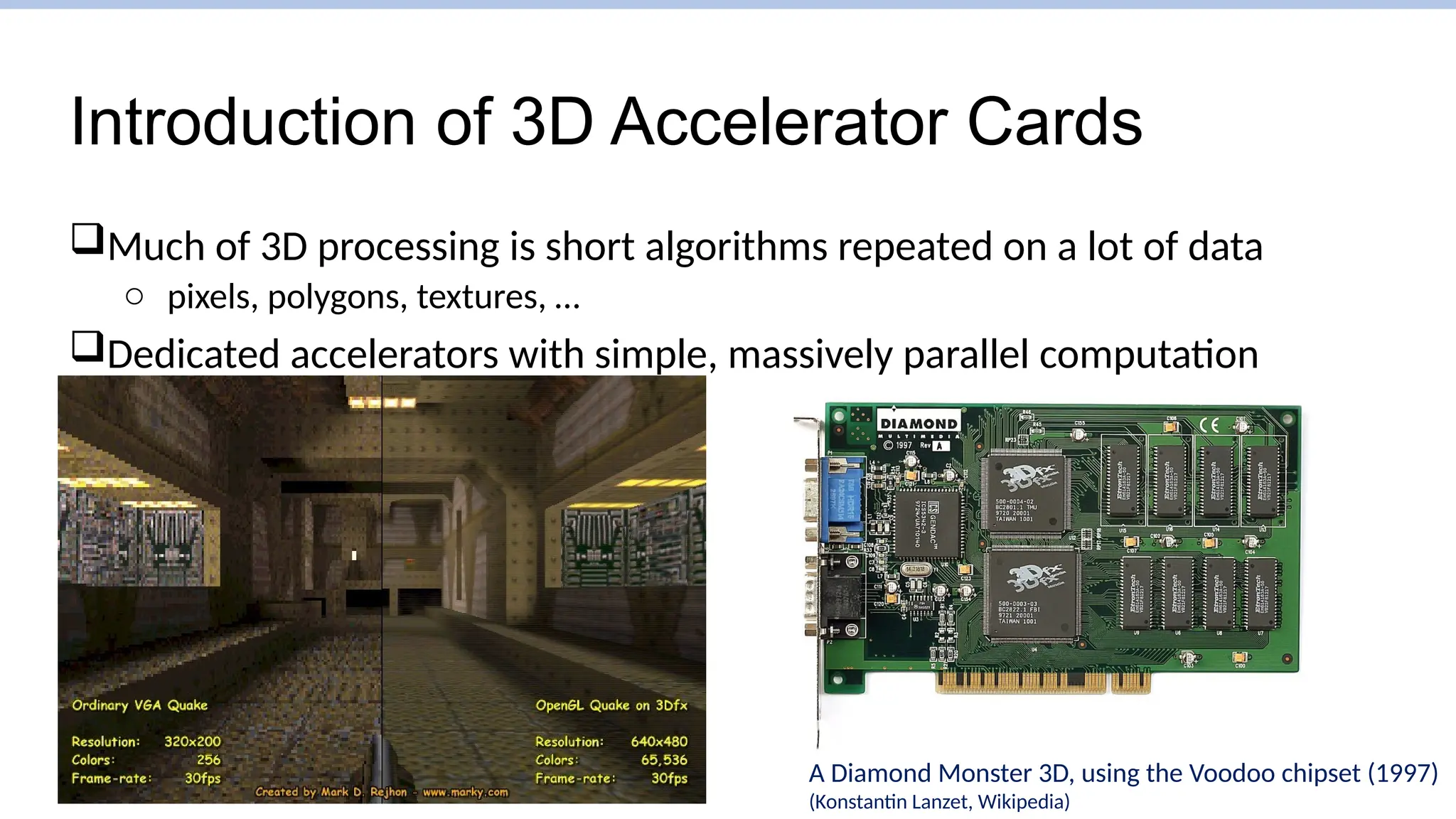 Introduction of 3D Accelerator Cards
Much of 3D processing is short algorithms repeated on a lot of data
o pixels, polygons, textures, …
Dedicated accelerators with simple, massively parallel computation
A Diamond Monster 3D, using the Voodoo chipset (1997)
(Konstantin Lanzet, Wikipedia)
 