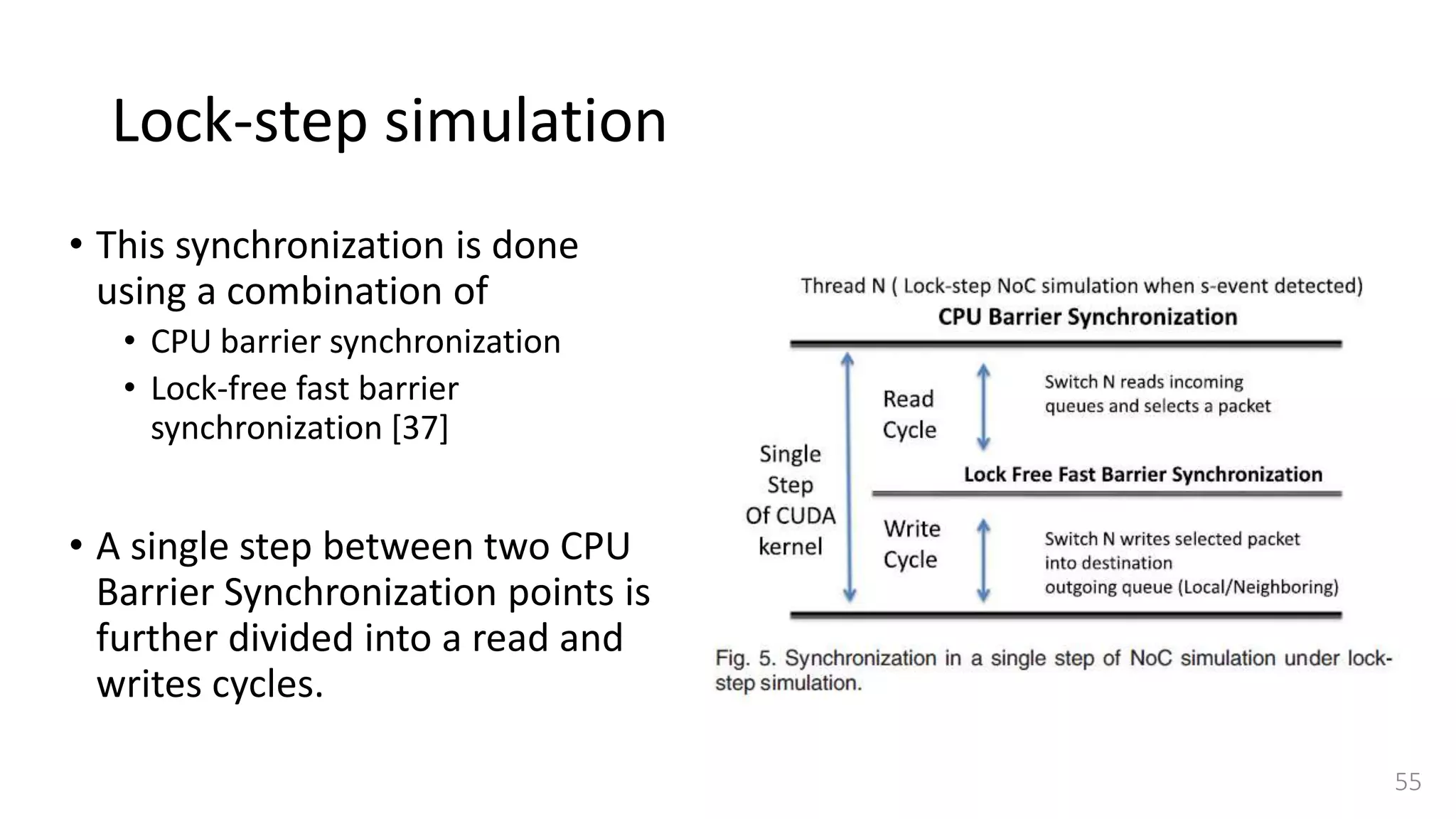 Lock-step simulation
55
• This synchronization is done
using a combination of
• CPU barrier synchronization
• Lock-free fast barrier
synchronization [37]
• A single step between two CPU
Barrier Synchronization points is
further divided into a read and
writes cycles.
 