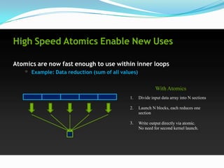 High Speed Atomics Enable New Uses

Atomics are now fast enough to use within inner loops
      Example: Data reduction (sum of all values)


                                                             With Atomics
                                             1.     Divide input data array into N sections

                                             2.     Launch N blocks, each reduces one
                                                    section

                                             3.     Write output directly via atomic.
                                                    No need for second kernel launch.
 