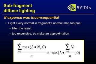 Sub-fragment diffuse lighting If expense was inconsequential Light every normal in fragment’s normal map footprint filter the result too expensive, so make an approximation 