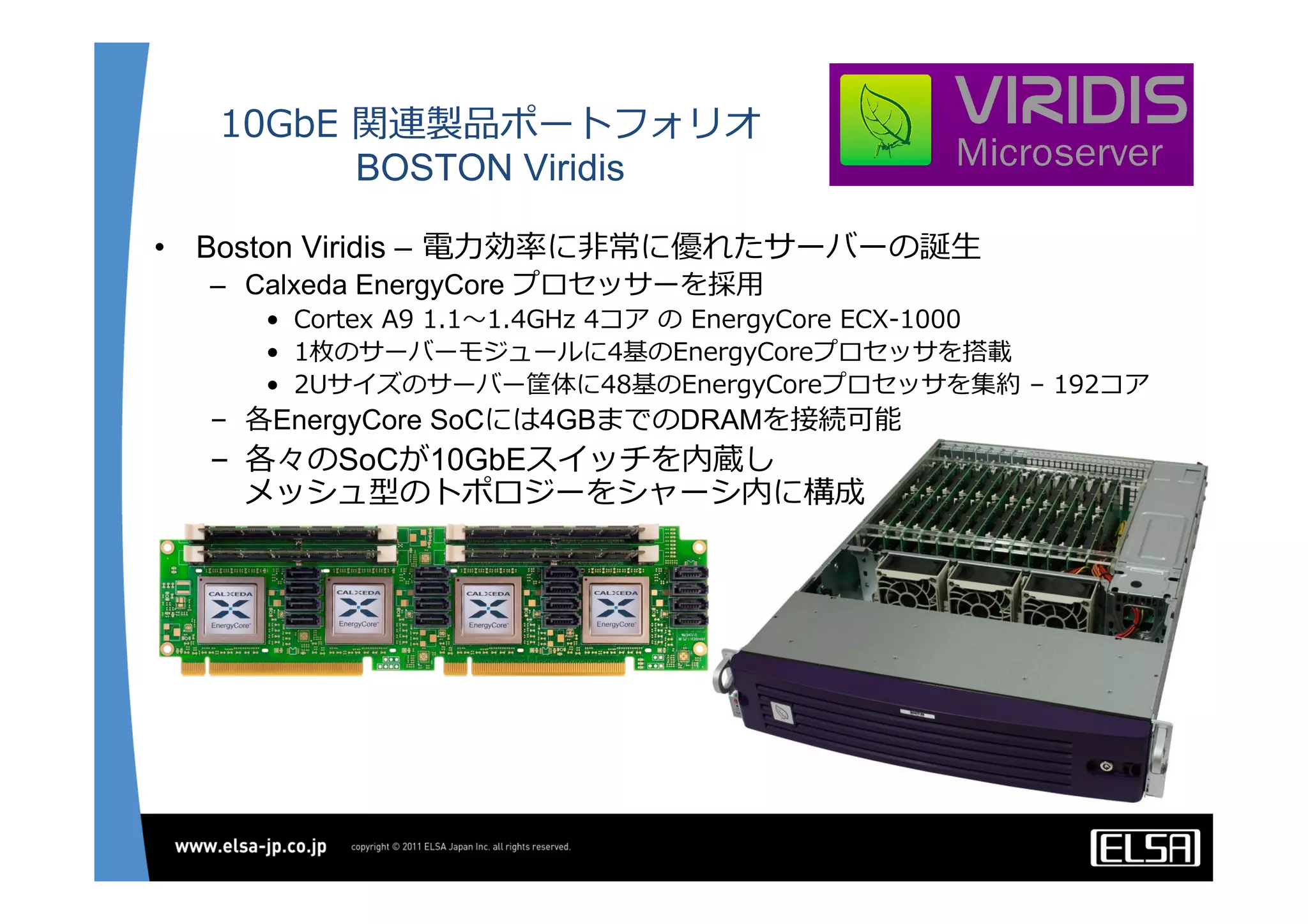 10GbE  関連製品ポートフォリオ
BOSTON Viridis
•  Boston Viridis –  電⼒力力効率率率に⾮非常に優れたサーバーの誕⽣生
–  Calxeda EnergyCore プロセッサーを採⽤用
•  Cortex  A9  1.1〜～1.4GHz  4コア  の  EnergyCore  ECX-‐‑‒1000
•  1枚のサーバーモジュールに4基のEnergyCoreプロセッサを搭載
•  2Uサイズのサーバー筐体に48基のEnergyCoreプロセッサを集約  –  192コア
–  各EnergyCore SoCには4GBまでのDRAMを接続可能
–  各々のSoCが10GbEスイッチを内蔵し
メッシュ型のトポロジーをシャーシ内に構成
 