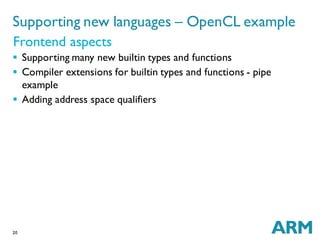 20
 Supporting many new builtin types and functions
 Compiler extensions for builtin types and functions - pipe
example
 Adding address space qualifiers
Supporting new languages – OpenCL example
Frontend aspects
 
