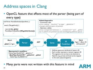 24
 OpenCL feature that affects most of the parser (being part of
every type)
 Many parts were not written with this feature in mind
Represented in qualifiers:
PointerType 0xa4e41b0 '__global int *'
`-QualType 0xa4e4198 '__global int' __global
`-BuiltinType 0xa48df20 'int'
Added diagnostics:
- Conversion rules
error:casting '__local int *' to type '__global int *‘
changes address space of pointer
- Operation validity
error:comparison between ('__constant int *' and '__global
int *') which are pointers to non-overlapping address spaces
Address spaces in Clang
file.cl:
…
global int *gptr;
…
Parser
void Parser::ParseDeclarationSpecifiers(...)
{
switch (Tok.getKind()) {
…
case tok::kw_global:
ParseOpenCLQualifiers(DS.getAttributes());
…
}
AST
Sema
IR
CodeGen
- Address spaces are attributes of types in IR
- Each number represent a memory segment ID
- The segments do not have to be identical to
OpenCL (e.g. private and local can be mapped
to the same physical segment)
file.ll:
%gptr = alloca i32
addrspace(2)*
 