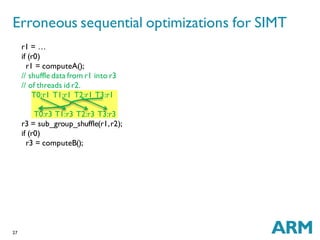 27
r1 = …
if (r0)
r1 = computeA();
// shuffle data from r1 into r3
// of threads id r2.
T0:r1 T1:r1 T2:r1 T3:r1
T0:r3 T1:r3 T2:r3 T3:r3
r3 = sub_group_shuffle(r1,r2);
if (r0)
r3 = computeB();
Erroneous sequential optimizations for SIMT
 