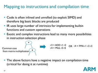 37
 Code is often inlined and unrolled (to exploit SIMD) and
therefore big basic blocks are produced
 IR uses large number of intrinsics for implementing builtin
functions and custom operations
 Exotic and complex instructions lead to many more possibilities
in instruction selection phase
 The above factors have a negative impact on compilation time
(critical for doing it at runtime)
Mapping to instructions and compilation time
*
+
r3 = ADD r1 r2
r4 = MUL r3 r5Common case
from matrix multiplication
r4 = FMA r1 r2 r3OR
 