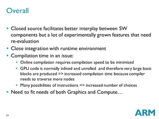 53
 Closed source facilitates better interplay between SW
components but a lot of experimentally grown features that need
re-evaluation
 Close integration with runtime environment
 Compilation time in an issue:
 Online compilation requires compilation speed to be minimised
 GPU code is normally inlined and unrolled and therefore very large basic
blocks are produced => increased compilation time because compiler
needs to traverse more nodes
 Many possibilities of instructions => increased number of choices
 Need to fit needs of both Graphics and Compute…
Overall
 