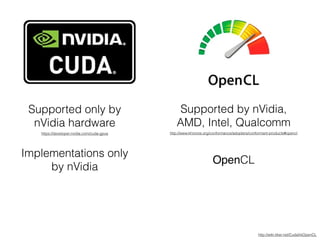 Supported only by
nVidia hardware
Supported by nVidia,
AMD, Intel, Qualcomm
https://developer.nvidia.com/cuda-gpus http://www.khronos.org/conformance/adopters/conformant-products#opencl
Implementations only
by nVidia
OpenCL
http://wiki.tiker.net/CudaVsOpenCL
 