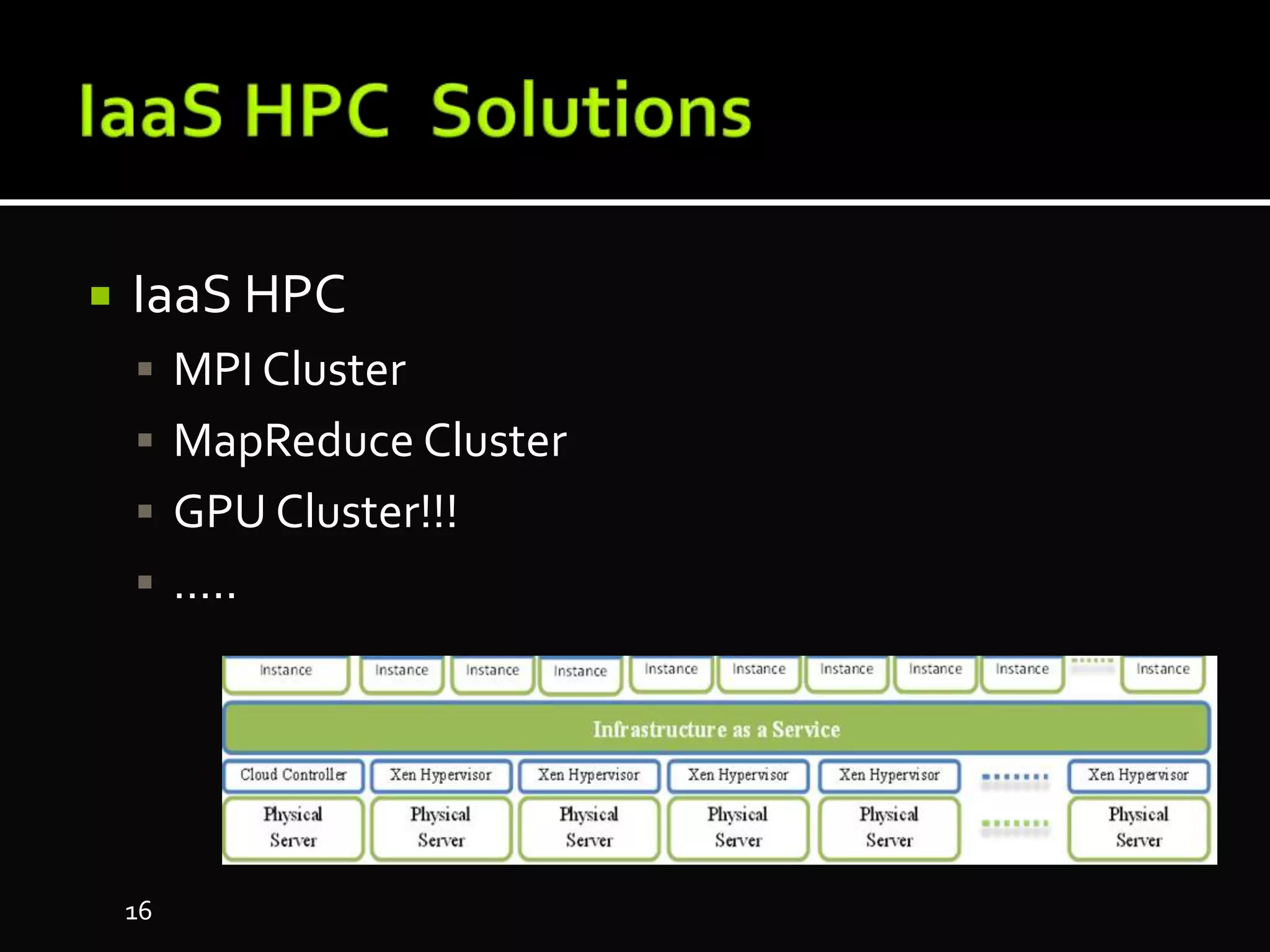  IaaS HPC
 MPI Cluster
 MapReduce Cluster
 GPU Cluster!!!
 …..
16
 