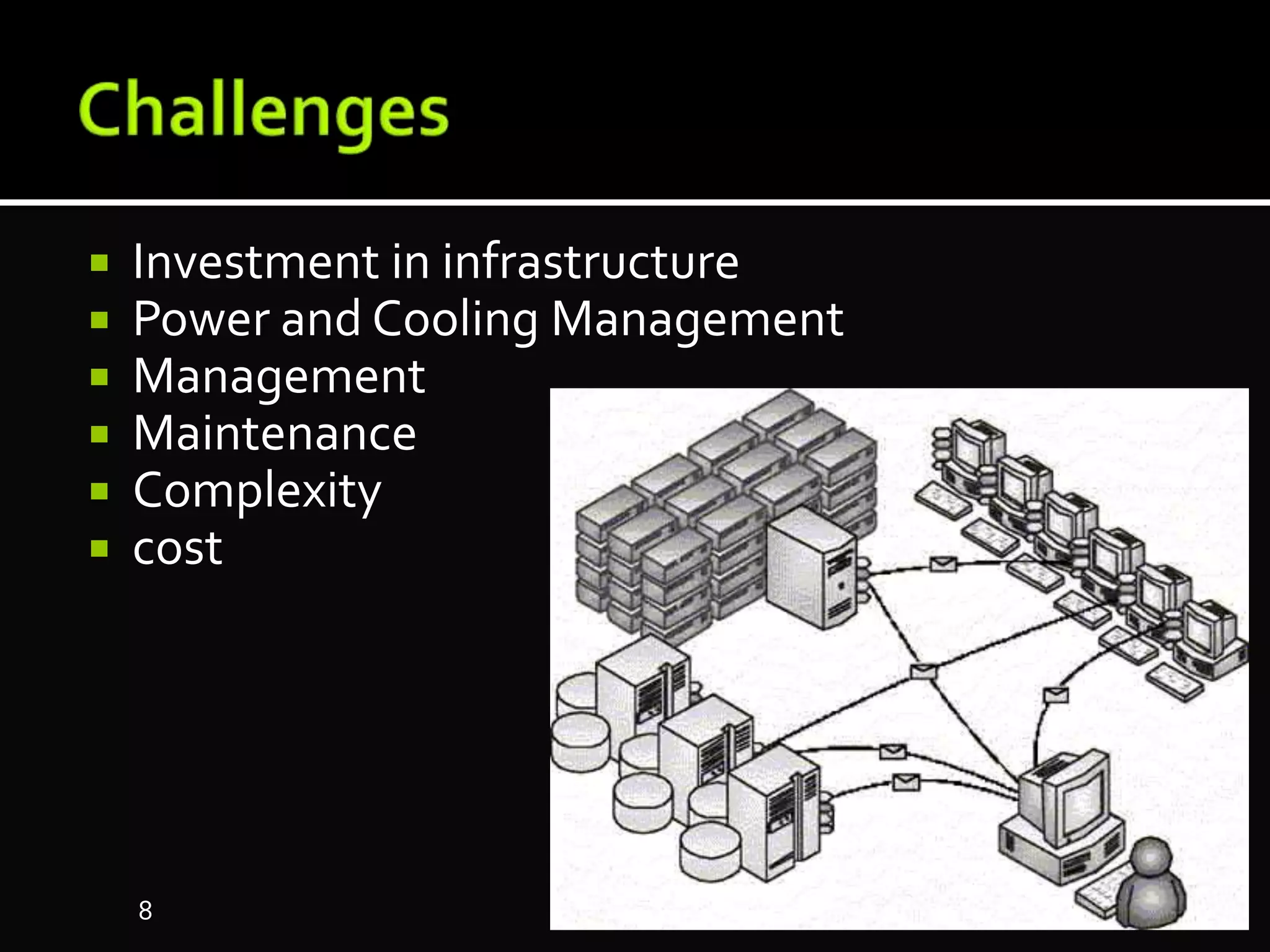  Investment in infrastructure
 Power and Cooling Management
 Management
 Maintenance
 Complexity
 cost
8
 