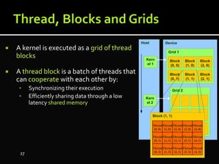  A kernel is executed as a grid of thread
blocks
 A thread block is a batch of threads that
can cooperate with each other by:
 Synchronizing their execution
 Efficiently sharing data through a low
latency shared memory
Host
Kern
el 1
Kern
el 2
Device
Grid 1
Block
(0, 0)
Block
(1, 0)
Block
(2, 0)
Block
(0, 1)
Block
(1, 1)
Block
(2, 1)
Grid 2
Block (1, 1)
Thread
(0, 1)
Thread
(1, 1)
Thread
(2, 1)
Thread
(3, 1)
Thread
(4, 1)
Thread
(0, 2)
Thread
(1, 2)
Thread
(2, 2)
Thread
(3, 2)
Thread
(4, 2)
Thread
(0, 0)
Thread
(1, 0)
Thread
(2, 0)
Thread
(3, 0)
Thread
(4, 0)
27
 