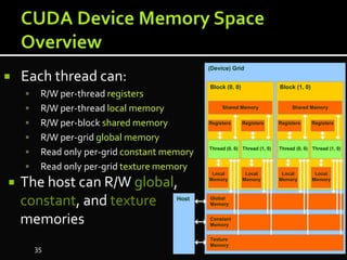  Each thread can:
 R/W per-thread registers
 R/W per-thread local memory
 R/W per-block shared memory
 R/W per-grid global memory
 Read only per-grid constant memory
 Read only per-grid texture memory
 The host can R/W global,
constant, and texture
memories
(Device) Grid
Constant
Memory
Texture
Memory
Global
Memory
Block (0, 0)
Shared Memory
Local
Memory
Thread (0, 0)
Registers
Local
Memory
Thread (1, 0)
Registers
Block (1, 0)
Shared Memory
Local
Memory
Thread (0, 0)
Registers
Local
Memory
Thread (1, 0)
Registers
Host
35
 