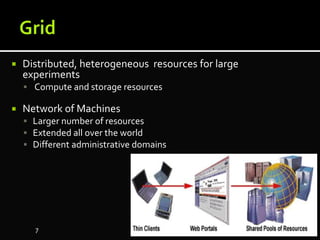  Distributed, heterogeneous resources for large
experiments
 Compute and storage resources
 Network of Machines
 Larger number of resources
 Extended all over the world
 Different administrative domains
7
 