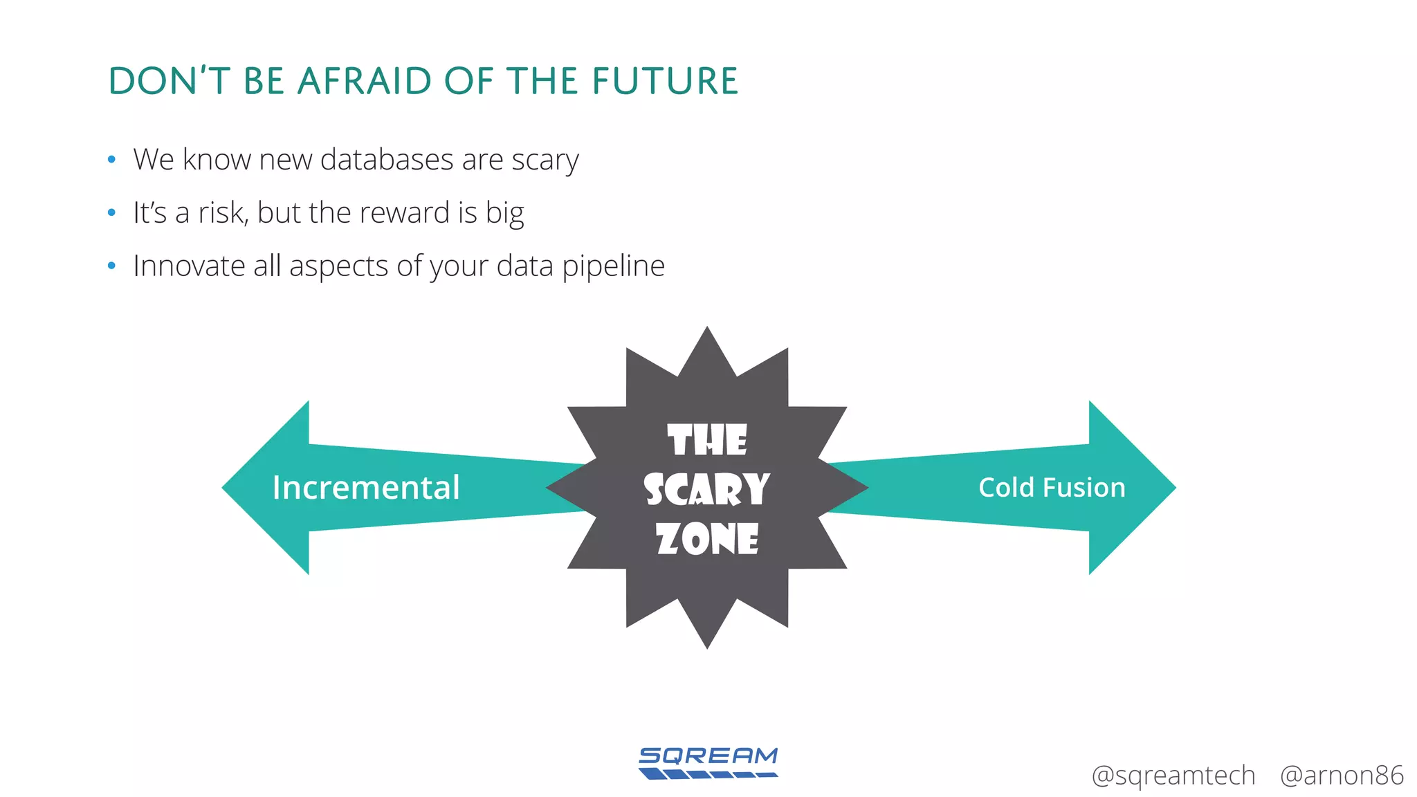 @arnon86@sqreamtech
Don’t be afraid of the future
• We know new databases are scary
• It’s a risk, but the reward is big
• Innovate all aspects of your data pipeline
Incremental Cold Fusion
The
scary
zone
 