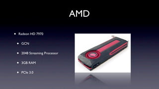 AMD

•   Radeon HD 7970


    •   GCN


    •   2048 Streaming Processor


    •   3GB RAM


    •   PCIe 3.0
 
