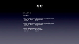 ????
GeForce GTX 580

Quick Mode

Host to Device Bandwidth, 1 Device(s), Paged memory, direct access
 Transfer Size (Bytes)    Bandwidth(MB/s)
 33554432               5561.7

Device to Host Bandwidth, 1 Device(s), Paged memory, direct access
 Transfer Size (Bytes)    Bandwidth(MB/s)
 33554432               5466.2

Device to Device Bandwidth, 1 Device(s)
 Transfer Size (Bytes)   Bandwidth(MB/s)
 33554432               138261.9
 