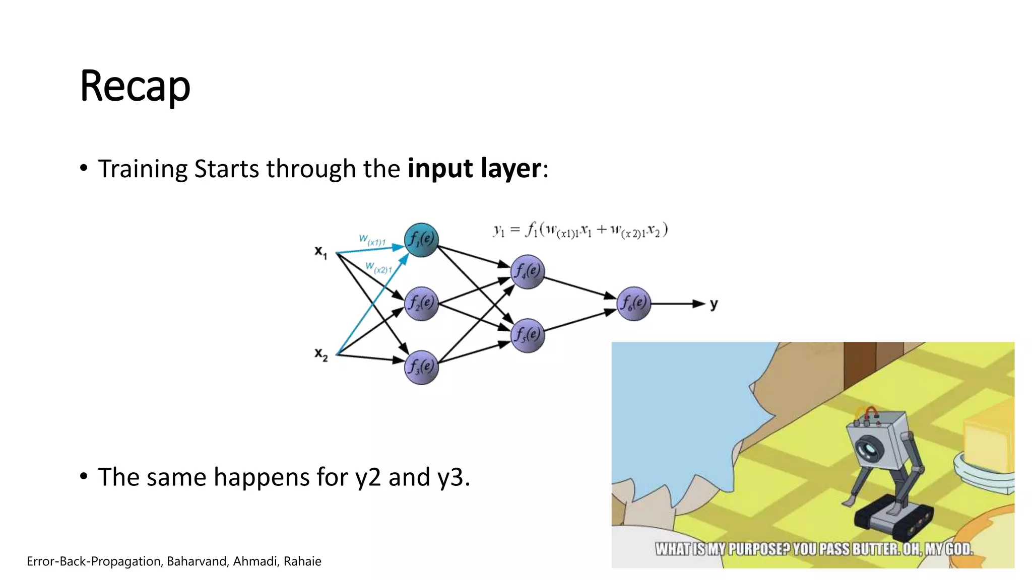 Error-Back-Propagation, Baharvand, Ahmadi, Rahaie
6
Recap
• Training Starts through the input layer:
• The same happens for y2 and y3.
 