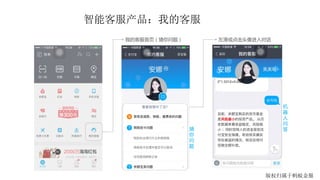 Case演示
我的客服首页（猜你问题）
猜
你
问
题
左滑或点击头像进入对话
机
器
人
问
答
智能客服产品：我的客服
版权归属于蚂蚁金服
 