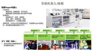 客服机器人-晓嫚
、
软银Pepper机器人
• 产品特点：
 情绪识别、智能语音、关节灵活；
 根据场景可定制机器人显示屏APP功能
• 应用场所：
 软银营业厅：迎宾、促销员
 商场、超市：促销活动、导览
 旅游游客中心：介绍景点信息
• 效果反馈：Softbank东京银座营业厅，在放置Pepper机器人
后，客流量较放置前提高了87%
晓曼向总书记问好
2016.04.26 2016.05.22 2016.07.01
晓曼给刘总当秘书 晓曼参与录制人工智能
系列纪录片
晓曼在中国智能客服峰
会首次担当主持人
大堂经理“晓曼”
的”大智慧“获得新
闻联播的垂青
2016.07.22 2016.07.23
-
讯飞“晓曼”机器人：
• 成为业界关注度最高的首个
实用服务机器人
 