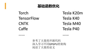 基础函数优化
Torch
TensorFlow
CNTK
Caffe
……
Tesla K20m
Tesla K40
Tesla M40
Tesla P40
……
参考了大量的开源代码
深入学习不同GPGPU的架构
阅读了大量的论文
 