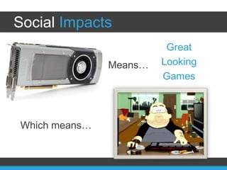 Social Impacts
                         Great
               Means…   Looking
                        Games



Which means…
 