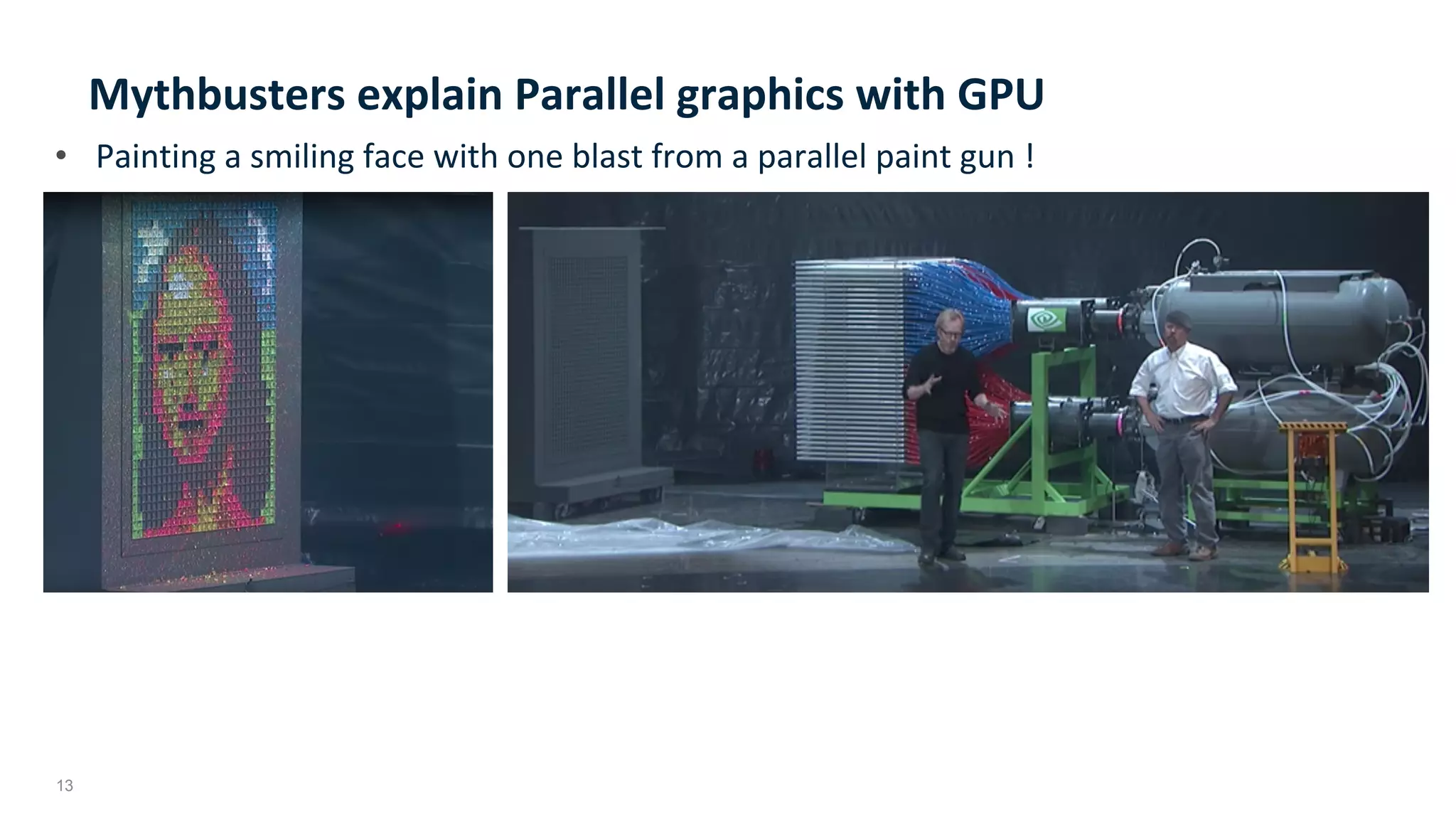 13
Mythbusters	explain	Parallel	graphics	with	GPU		
•  Painting	a	smiling	face	with	one	blast	from	a	parallel	paint	gun	!	
 