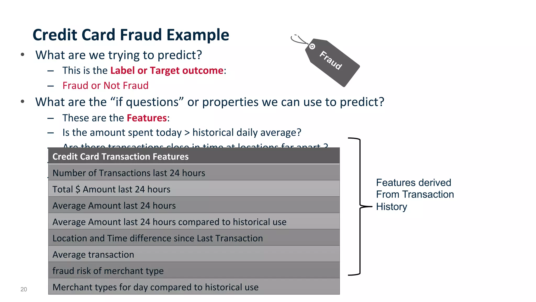 20
Credit	Card	Fraud	Example	
•  What	are	we	trying	to	predict?		
–  This	is	the	Label	or	Target	outcome:		
–  Fraud	or	Not	Fraud	
•  What	are	the	“if	questions”	or	properties	we	can	use	to	predict?		
–  These	are	the	Features:		
–  Is	the	amount	spent	today	>	historical	daily	average?		
–  Are	there	transactions	close	in	time	at	locations	far	apart	?	
–  Are	the	number	of	transactions	today	>	historical	average?	
–  Are	there	new	state	or	foreign	purchases?	
Credit	Card	Transaction	Features	
Number	of	Transactions	last	24	hours	
Total	$	Amount	last	24	hours	
Average	Amount	last	24	hours	
Average	Amount	last	24	hours	compared	to	historical	use	
Location	and	Time	difference	since	Last	Transaction	
Average	transaction		
fraud	risk	of	merchant	type	
Merchant	types	for	day	compared	to	historical	use	
Features derived
From Transaction
History
 