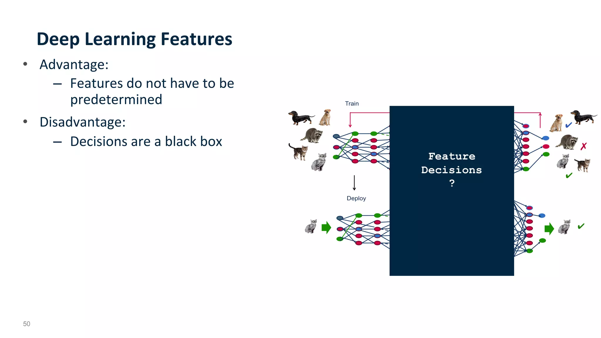 50
Deep	Learning	Features	
•  Advantage:	
–  Features	do	not	have	to	be	
predetermined	
•  Disadvantage:	
–  Decisions	are	a	black	box	
Feature
Decisions
?
 