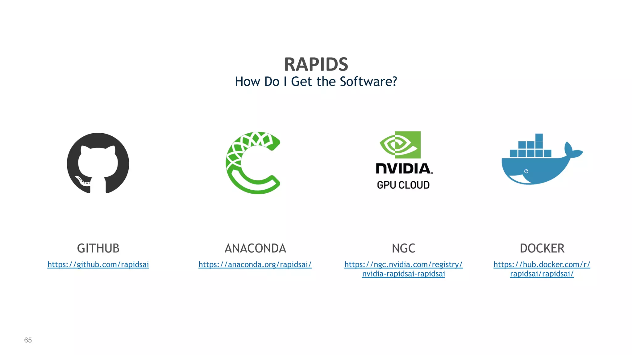 65
GITHUB DOCKER
https://github.com/rapidsai
ANACONDA NGC
https://anaconda.org/rapidsai/ https://ngc.nvidia.com/registry/
nvidia-rapidsai-rapidsai
https://hub.docker.com/r/
rapidsai/rapidsai/
RAPIDS	
How Do I Get the Software?
 
