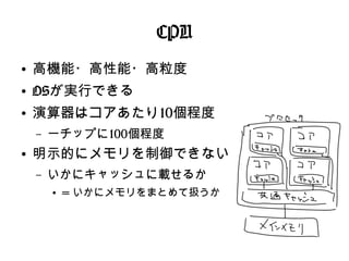 CPU
●
高機能・高性能・高粒度
●
OSが実行できる
●
演算器はコアあたり10個程度
– 一チップに100個程度
●
明示的にメモリを制御できない
– いかにキャッシュに載せるか
●
= いかにメモリをまとめて扱うか
 