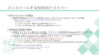 インストールするNVIDIAドライバー
&bull; PCIパススルーの場合
&bull; 通常のNVIDIAドライバーを使用します。ホストマシンにはインストール不要
( https://www.nvidia.co.jp/Download/index.aspx?lang=jp )
ホストマシン：不要
インスタンス(Linux)：通常のLinux版NVIDIAドライバー
インスタンス(Windows 10)：通常のLinux版NVIDIAドライバー
&bull; NVIDIA GRIDの場合
&bull; 使用するドライバー異なるため注意。ドライバーはNVIDIA Enterpriseサイトのライセ
ンスポータルにてダウンロード可能 ( http://nvid.nvidia.com/dashboard ) ※1
&bull; NVIDIA vGPU software 9.0 の場合以下のインストーラーを使用
ホストマシン：NVIDIA-Linux-x86_64-430.27-vgpu-kvm.run ※2
インスタンス(Linux)：NVIDIA-Linux-x86_64-430.30-grid.run
インスタンス(Windows 10)：431.02_grid_win10_server2016_server2019_64bit_international.exe
※1 90日評価版ライセンスは以下URLより取得可能
https://www.nvidia.co.jp/object/grid-evaluation-jp.html
※2 ダウンロードするファイルが異なるため注意
 