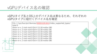 vGPUデバイス名の確認
vGPUタイプ名とOS上のデバイス名は異なるため、それぞれの
vGPUタイプに紐付くデバイス名を確認
$ ls -l /sys/bus/pci/devices/0000:03:00.0/mdev_supported_types/
total 0
drwxr-xr-x. 3 root root 0 Oct 4 11:18 nvidia-180
drwxr-xr-x. 3 root root 0 Oct 4 11:18 nvidia-181
drwxr-xr-x. 3 root root 0 Oct 4 11:18 nvidia-182
drwxr-xr-x. 3 root root 0 Oct 4 11:18 nvidia-183
drwxr-xr-x. 3 root root 0 Oct 4 11:18 nvidia-184
drwxr-xr-x. 3 root root 0 Oct 4 11:18 nvidia-185
drwxr-xr-x. 3 root root 0 Oct 4 11:18 nvidia-186
&hellip;
 