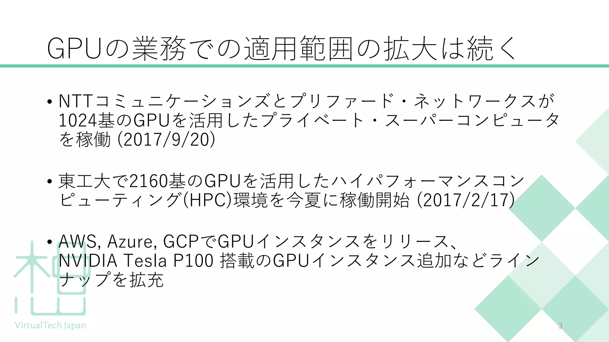 GPUの業務での適用範囲の拡大は続く
• NTTコミュニケーションズとプリファード・ネットワークスが
1024基のGPUを活用したプライベート・スーパーコンピュータ
を稼働 (2017/9/20)
• 東工大で2160基のGPUを活用したハイパフォーマンスコン
ピューティング(HPC)環境を今夏に稼働開始 (2017/2/17)
• AWS, Azure, GCPでGPUインスタンスをリリース、
NVIDIA Tesla P100 搭載のGPUインスタンス追加などライン
ナップを拡充
3
 