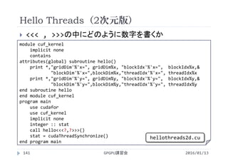 Hello Threads（2次元版）
 <<< , >>>の中にどのように数字を書くか
2016/01/13GPGPU講習会141
module cuf_kernel
implicit none
contains
attributes(global) subroutine hello()
print *,"gridDim'%'x=", gridDim%x, "blockIdx'%'x=",  blockIdx%x,&
"blockDim'%'x=",blockDim%x,"threadIdx'%'x=", threadIdx%x
print *,"gridDim'%'y=", gridDim%y, "blockIdx'%'y=",  blockIdx%y,&
"blockDim'%'y=",blockDim%y,"threadIdx'%'y=", threadIdx%y
end subroutine hello
end module cuf_kernel
program main
use cudafor
use cuf_kernel
implicit none
integer :: stat
call hello<<<?,?>>>()
stat = cudaThreadSynchronize()
end program main
hellothreads2d.cu
 