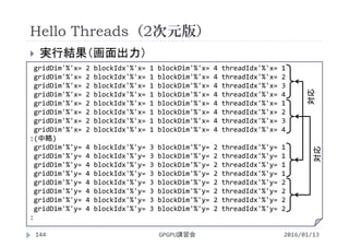 Hello Threads（2次元版）
 実行結果（画面出力）
2016/01/13GPGPU講習会144
gridDim'%'x= 2 blockIdx'%'x= 1 blockDim'%'x= 4 threadIdx'%'x= 1
gridDim'%'x= 2 blockIdx'%'x= 1 blockDim'%'x= 4 threadIdx'%'x= 2
gridDim'%'x= 2 blockIdx'%'x= 1 blockDim'%'x= 4 threadIdx'%'x= 3
gridDim'%'x= 2 blockIdx'%'x= 1 blockDim'%'x= 4 threadIdx'%'x= 4
gridDim'%'x= 2 blockIdx'%'x= 1 blockDim'%'x= 4 threadIdx'%'x= 1
gridDim'%'x= 2 blockIdx'%'x= 1 blockDim'%'x= 4 threadIdx'%'x= 2
gridDim'%'x= 2 blockIdx'%'x= 1 blockDim'%'x= 4 threadIdx'%'x= 3
gridDim'%'x= 2 blockIdx'%'x= 1 blockDim'%'x= 4 threadIdx'%'x= 4
:(中略)
gridDim'%'y= 4 blockIdx'%'y= 3 blockDim'%'y= 2 threadIdx'%'y= 1
gridDim'%'y= 4 blockIdx'%'y= 3 blockDim'%'y= 2 threadIdx'%'y= 1
gridDim'%'y= 4 blockIdx'%'y= 3 blockDim'%'y= 2 threadIdx'%'y= 1
gridDim'%'y= 4 blockIdx'%'y= 3 blockDim'%'y= 2 threadIdx'%'y= 1
gridDim'%'y= 4 blockIdx'%'y= 3 blockDim'%'y= 2 threadIdx'%'y= 2
gridDim'%'y= 4 blockIdx'%'y= 3 blockDim'%'y= 2 threadIdx'%'y= 2
gridDim'%'y= 4 blockIdx'%'y= 3 blockDim'%'y= 2 threadIdx'%'y= 2
gridDim'%'y= 4 blockIdx'%'y= 3 blockDim'%'y= 2 threadIdx'%'y= 2
:
対応
対応
 